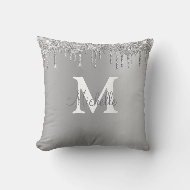 Glam & Glitter Silver Personalized Monogram Cushion (Front)