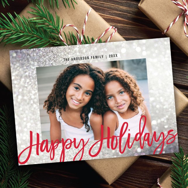 Glam Glitter Silver Red Script Christmas Photo Holiday Card (Creator Uploaded)