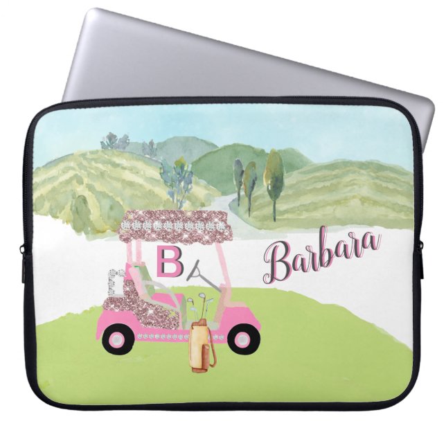 Glam Glitz Monogram Name Rose Gold Golf Cart  Laptop Sleeve (Front)