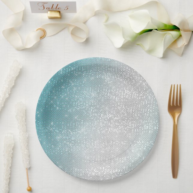 Glam Glitzy Aqua Ombre Sparkle Wedding Paper Plate (Wedding)