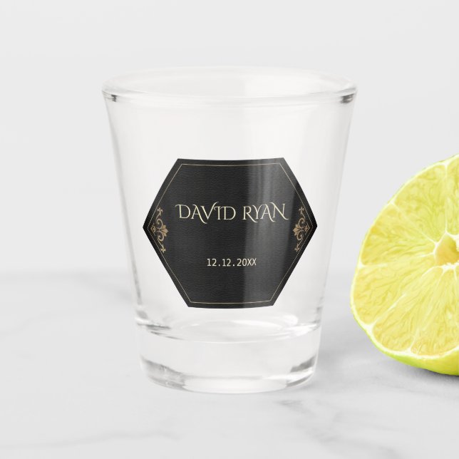 Glam Gold and Black Art Deco Monogram Shot Glass (Front)