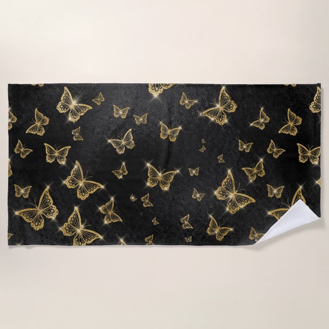 Glam gold and black butterflies pattern beach towel (Front)