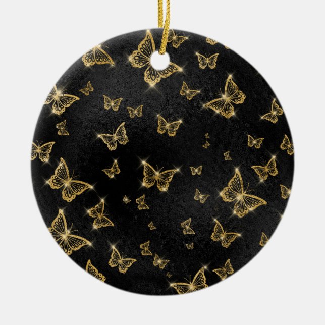 Glam gold and black butterflies pattern ceramic ornament (Front)
