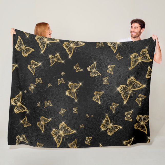 Glam gold and black butterflies pattern fleece blanket (In Situ)