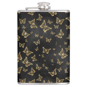Glam gold and black butterflies pattern hip flask