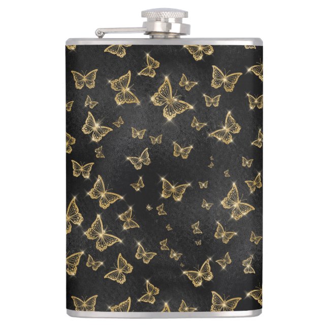 Glam gold and black butterflies pattern hip flask (Front)