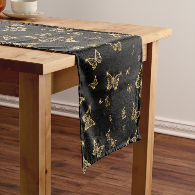 Glam gold and black butterflies pattern short table runner (In Situ)