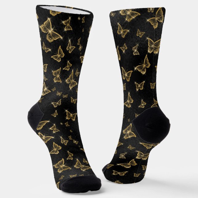 Glam gold and black butterflies pattern socks (Angled)