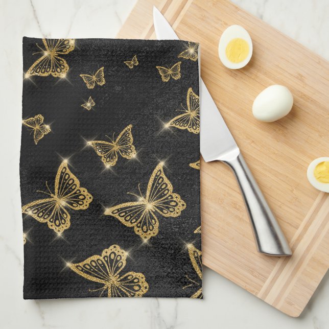 Glam gold and black butterflies pattern tea towel (Quarter Fold)