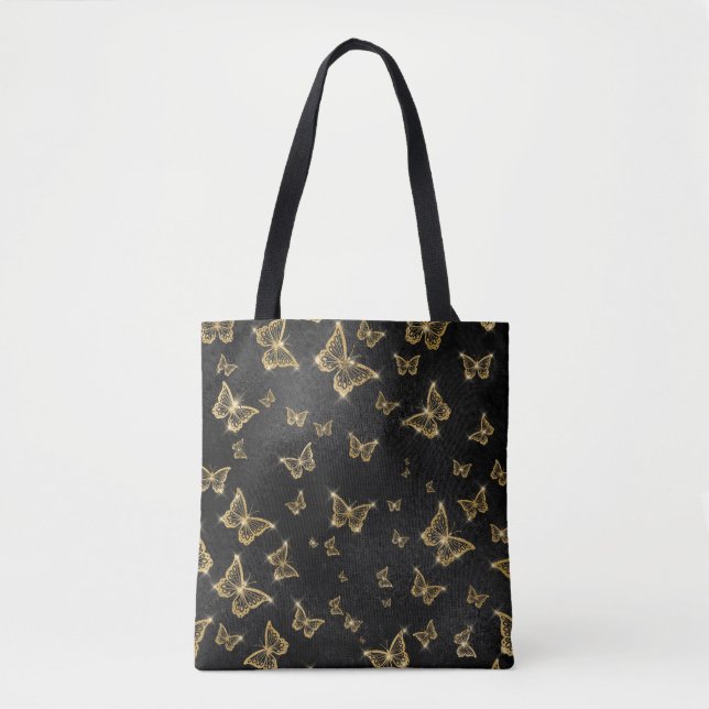 Glam gold and black butterflies pattern tote bag (Front)