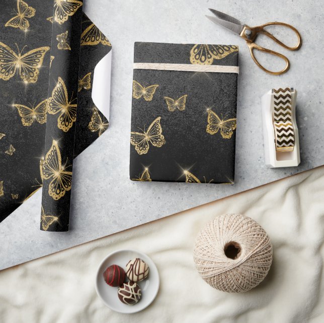 Glam gold and black butterflies pattern wrapping paper (Crafts)