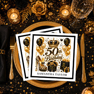 Glam Gold And Black Glitter 50th Birthday Napkins 