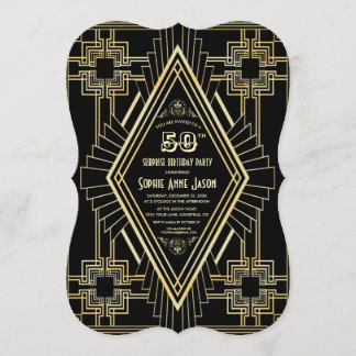 Glam Gold and Black Great Gatsby 50 Birthday Party Invitation