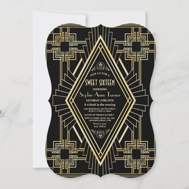 Glam Gold and Black Great Gatsby Sweet 16 Invitation (Front)