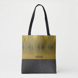 Glam Gold and Black Monogrammed Tote Bag