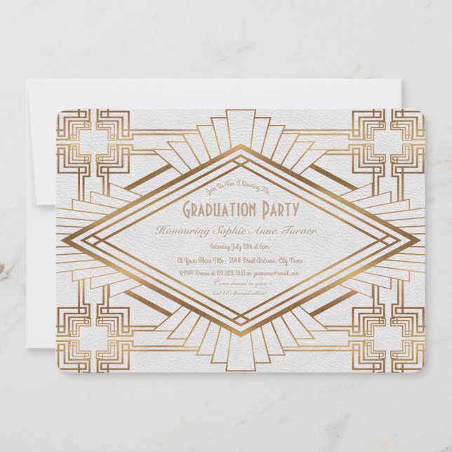 Glam Gold and White Great Gatsby Graduation Party Invitation (Front)