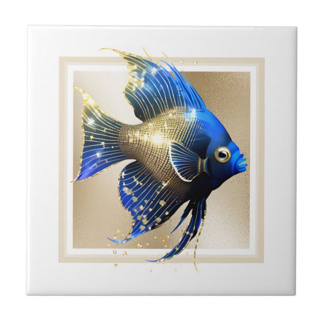 Glam gold angel fish blue nautical marine reef  ceramic tile (Front)