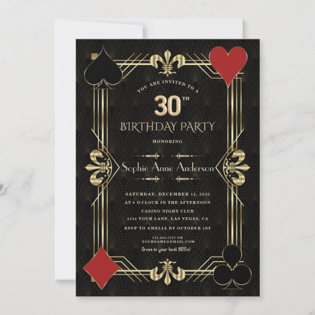Glam Gold Art Deco Casino Las Vegas 30th Birthday Invitation (Front)