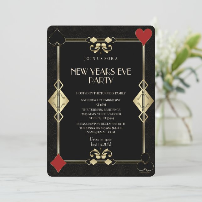 Glam Gold Art Deco Casino Night New Year Eve Party Invitation (Standing Front)