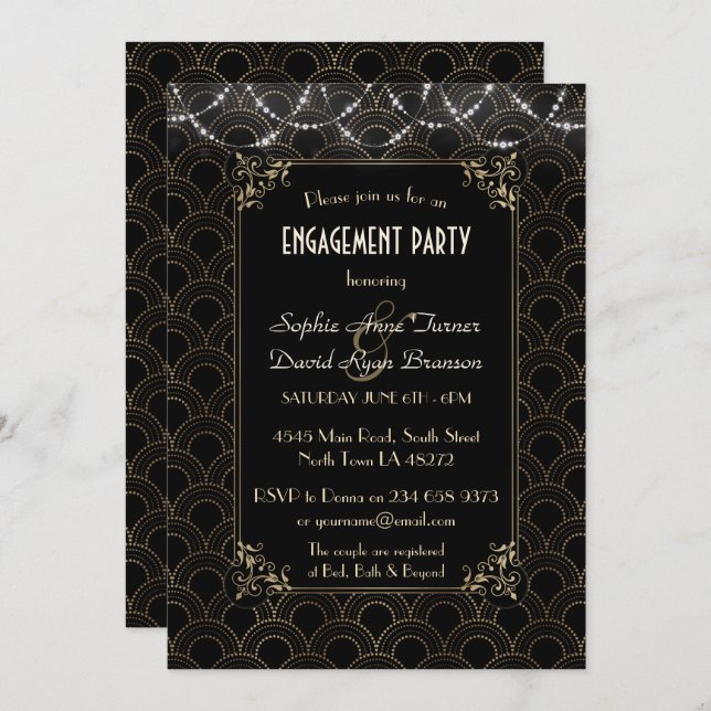 Glam Gold Art Deco Fleur-de-lis Engagement Party Invitation (Front/Back)
