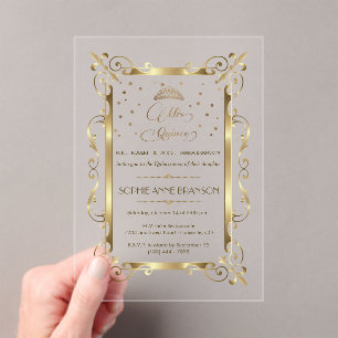 Glam Gold Art Deco Mis Quince Script Quinceañera Acrylic Invitations