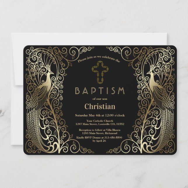 Glam Gold Art Deco Peacocks Baptism Invitation (Front)