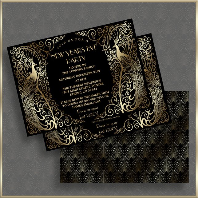 Glam Gold Art Deco Peacocks New Year's Eve Invitation (New Years eve party invitation, trendy black gold peacock new year party invite, elegant roaring 20s)