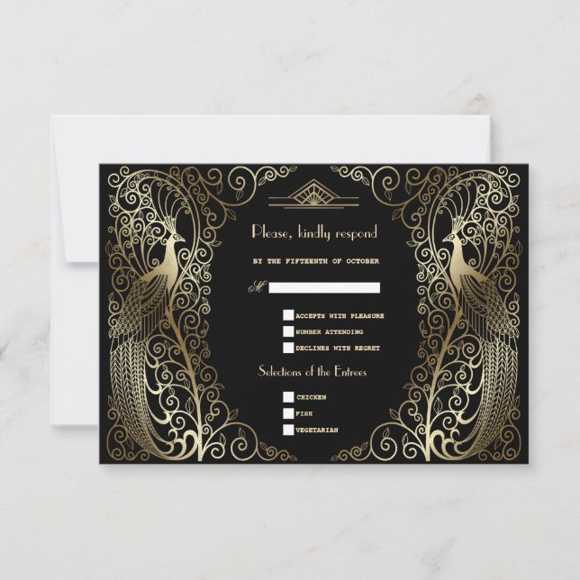 Glam Gold Art Deco Peacocks Senior Wedding RSVP Card (Front)