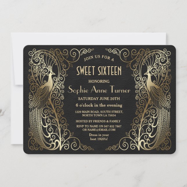 Glam Gold Art Deco Peacocks Sweet Sixteen Party Invitation (Front)