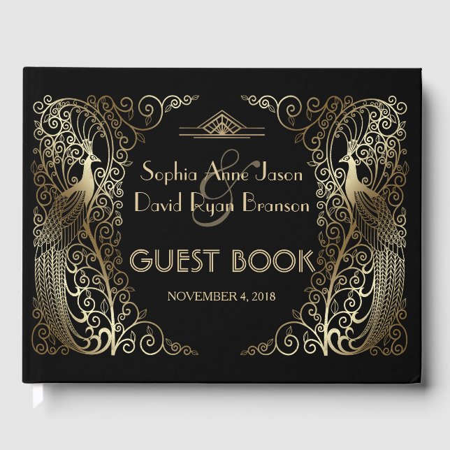 Glam Gold Art Deco Peacocks Wedding Guest Book (Front)