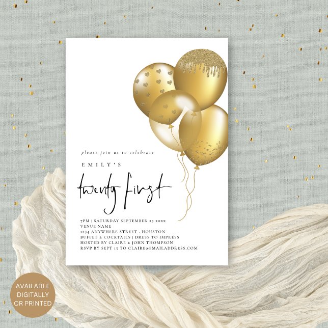 Glam Gold Balloons 21st Birthday Party  Invitation (Available digitally or printed)