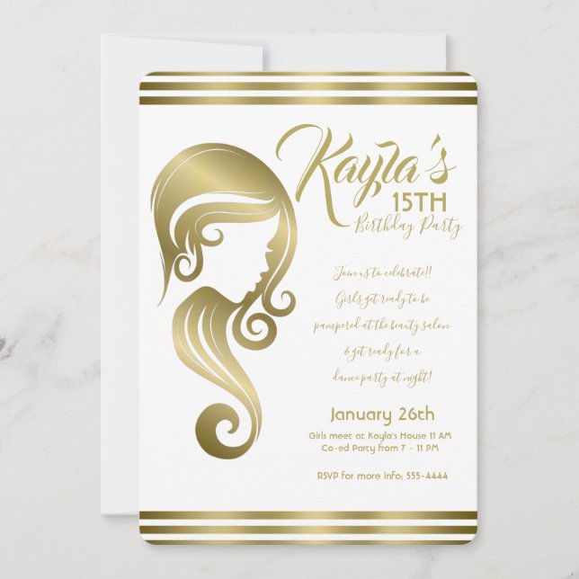 Glam Gold Beauty Girl Hair & Makeup Salon Party Invitation (Front)
