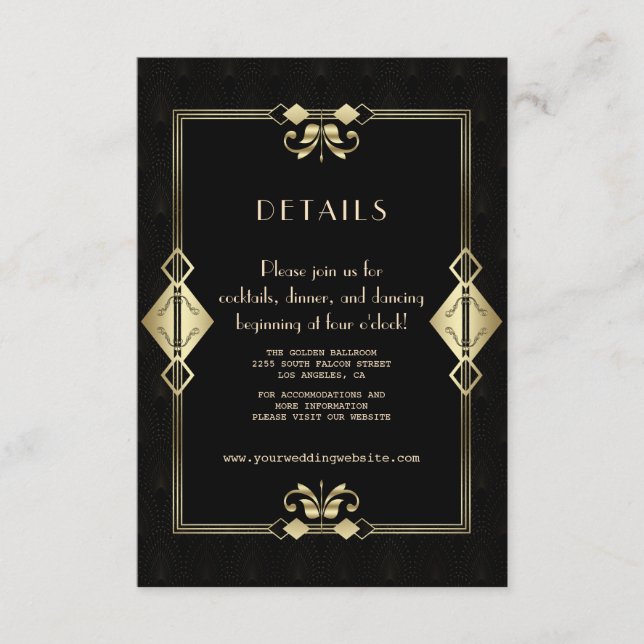 Glam Gold Black Art Deco 20s Wedding Reception  Enclosure Card (Front)