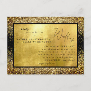 Glam Gold & Black Budget Wedding  Invitation Postcard