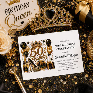 Glam Gold Black Confetti 50th Birthday Celebration Invitation