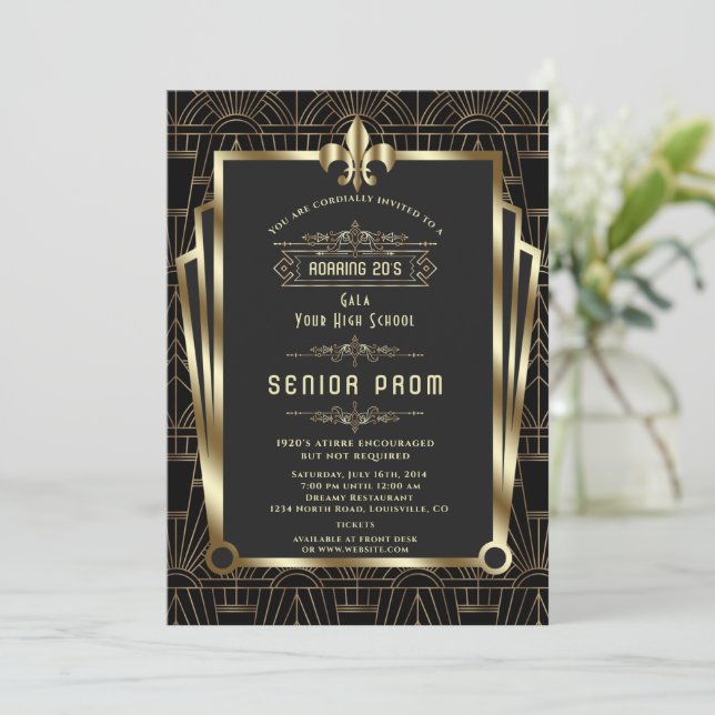 Glam Gold Black Gatsby Roaring 20s Senior PROM Invitation (Standing Front)