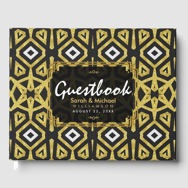 Glam Gold Black Geometry Pattern Wedding Guest Book (Front)