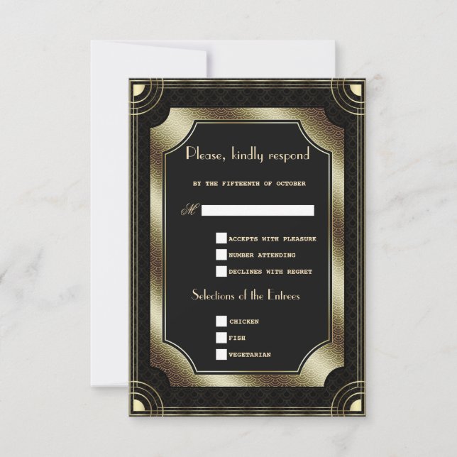 Glam Gold Black Great Art Deco Wedding RSVP Card (Front)