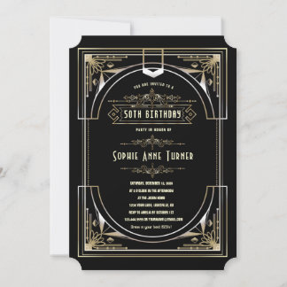 Glam Gold Black Great Gatsby Art Deco 50 Birthday Invitation