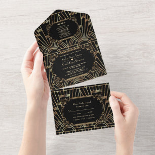 Glam Gold Black Great Gatsby Art Deco Wedding   All In One Invitation