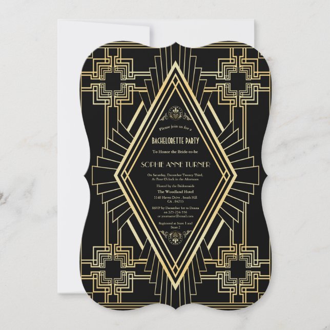 Glam Gold Black Great Gatsby Bachelorette Party Invitation (Front)
