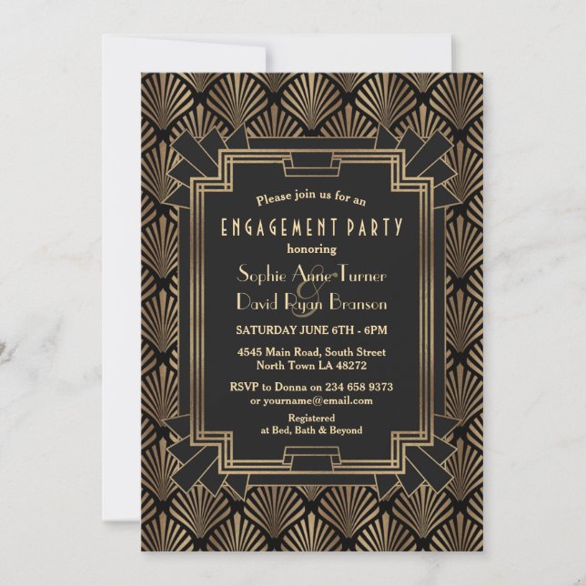 Glam Gold Black Great Gatsby Engagement Party Invitation (Front)