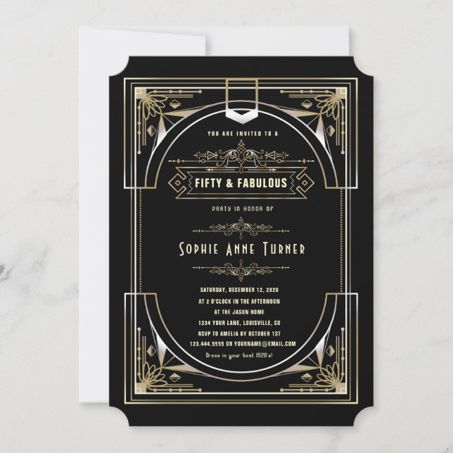 Glam Gold Black Great Gatsby Fifty And Fabulous Invitation (Front)