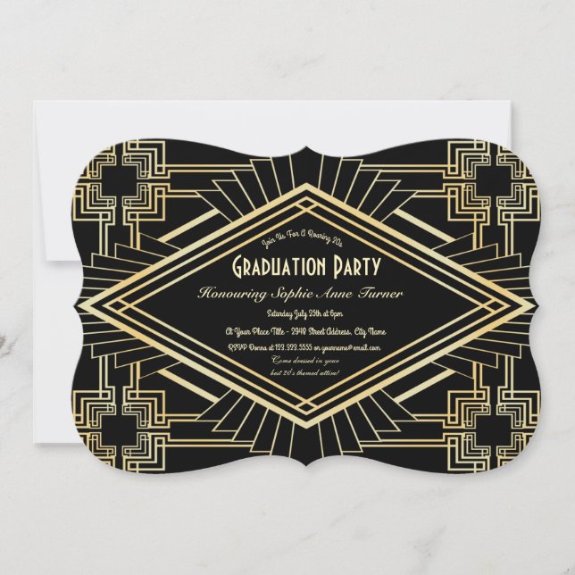 Glam Gold Black Great Gatsby Graduation Party Invitation (Front)