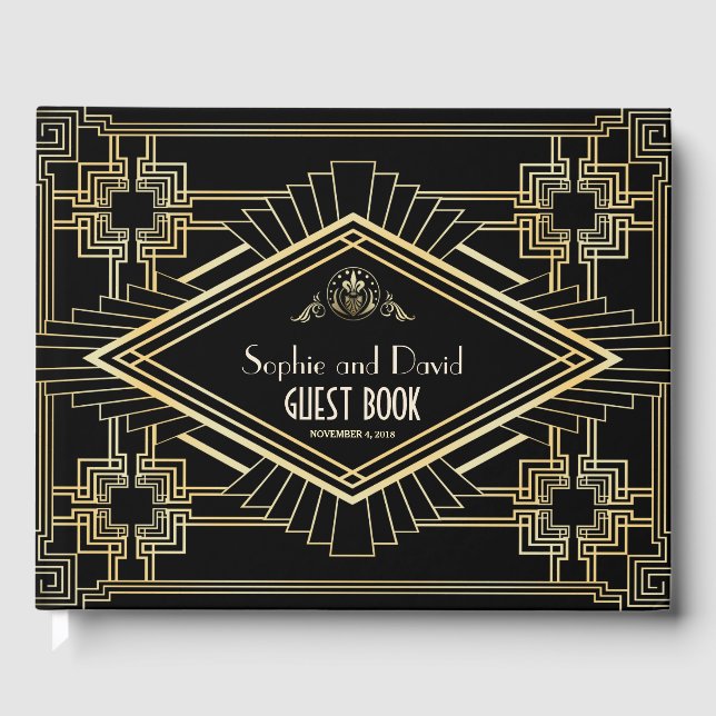 Glam Gold Black Great Gatsby Wedding Guest Book (Front)