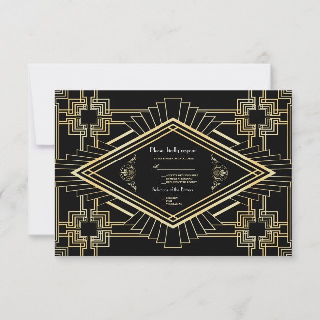 Glam Gold Black Great Gatsby Wedding RSVP (Front)