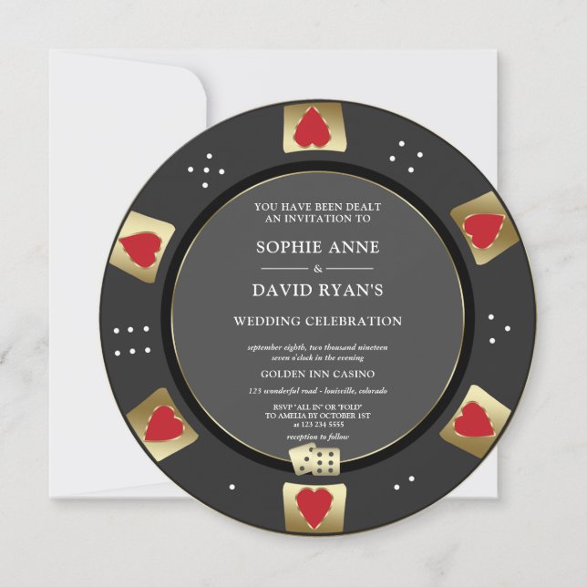 Glam Gold Black Poker Chip Casino QR Code Wedding  Invitation (Front)