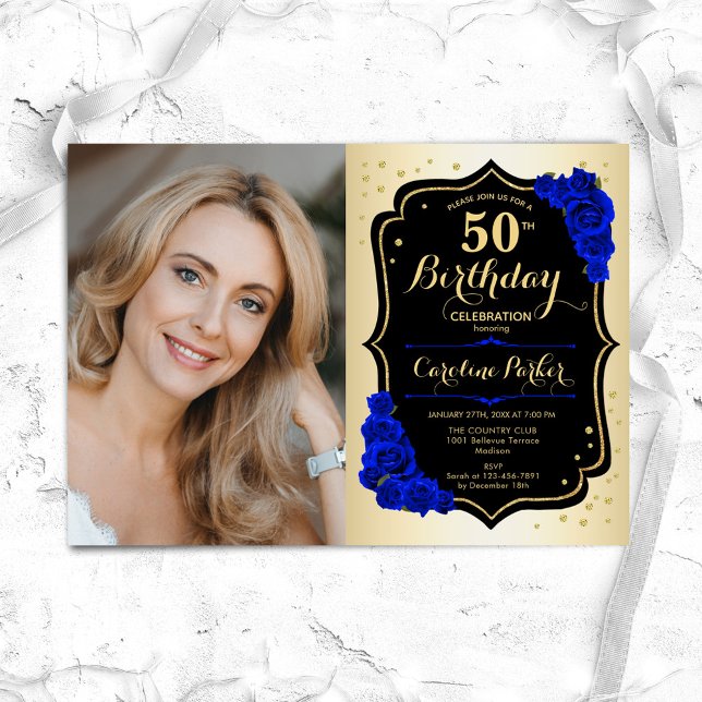 Glam Gold Black Royal Blue 50th Photo Birthday Invitation (Creator Uploaded)