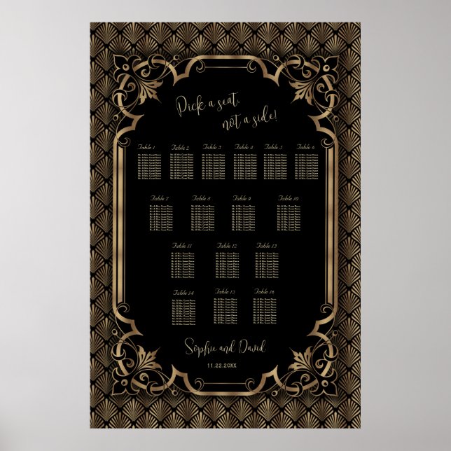 Glam Gold Black Wedding Seating Chart Canvas Print (Front)