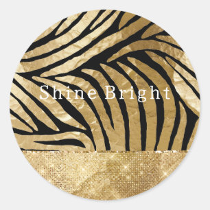 Glam Gold Black Zebra Animal Glitzy Sparkle  Classic Round Sticker